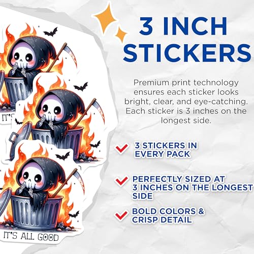 (3 Pack) Grim Reaper Decals - Cute Death - Trash Can Humor- 3 Inches On Longest Side - Easy Peel & Apply - Made in USA - 3MCS5962