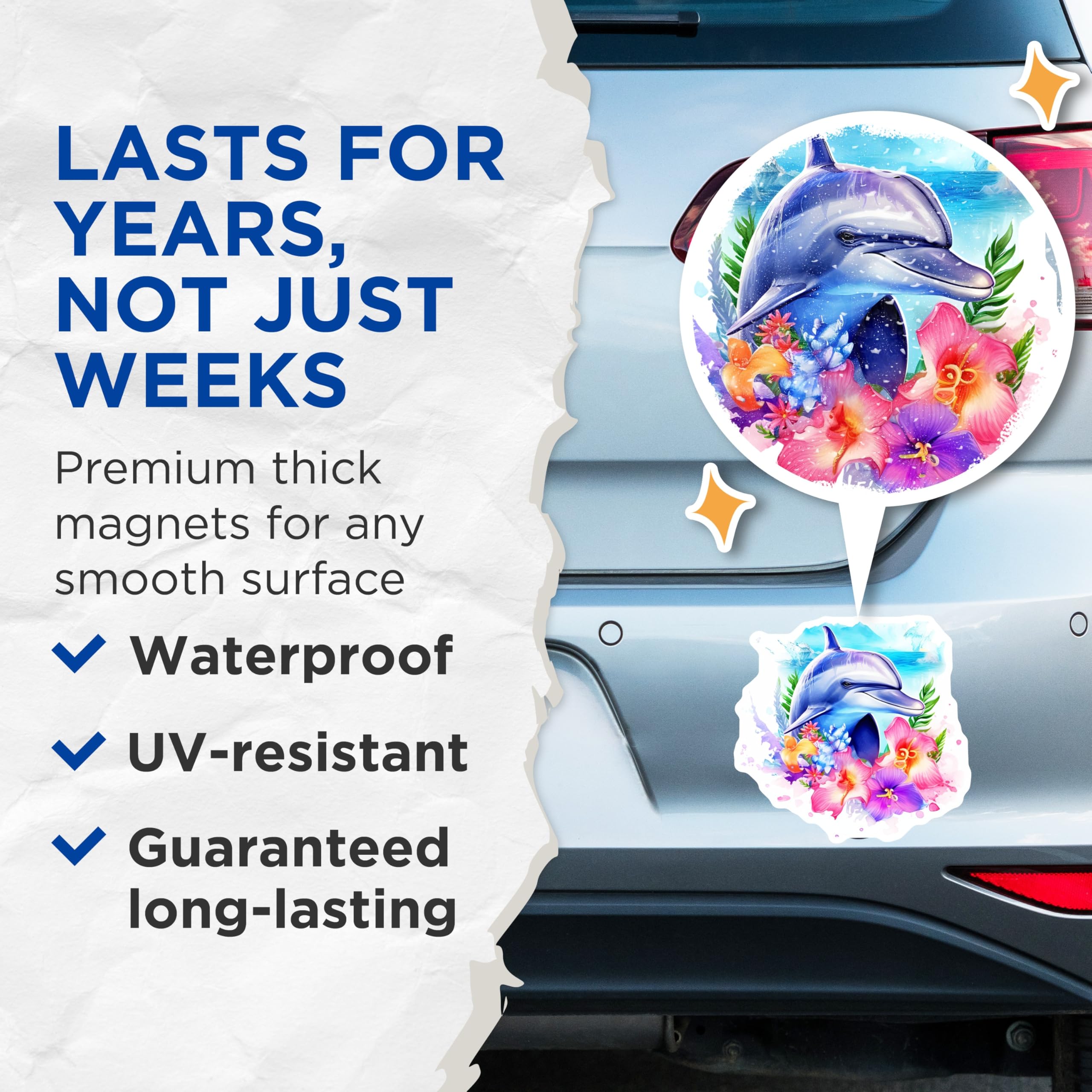 (2 Pack) Ocean Dolphin Magnets - Tropical Flowers Decor - Marine Life Art Refrigerator Magnets - 5 Inches On Longest Side - Thick Durable Magnet - Made in USA - MAG21374