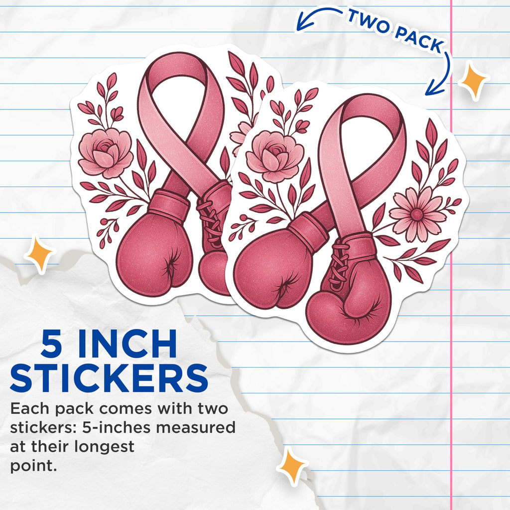 (2 Pack) Breast Cancer Stickers - Awareness Ribbon Boxing Gloves - Floral Support Decals- 5" On Longest Side - Sticks to Smooth Flat Surfaces - Made in USA - BMCS16797