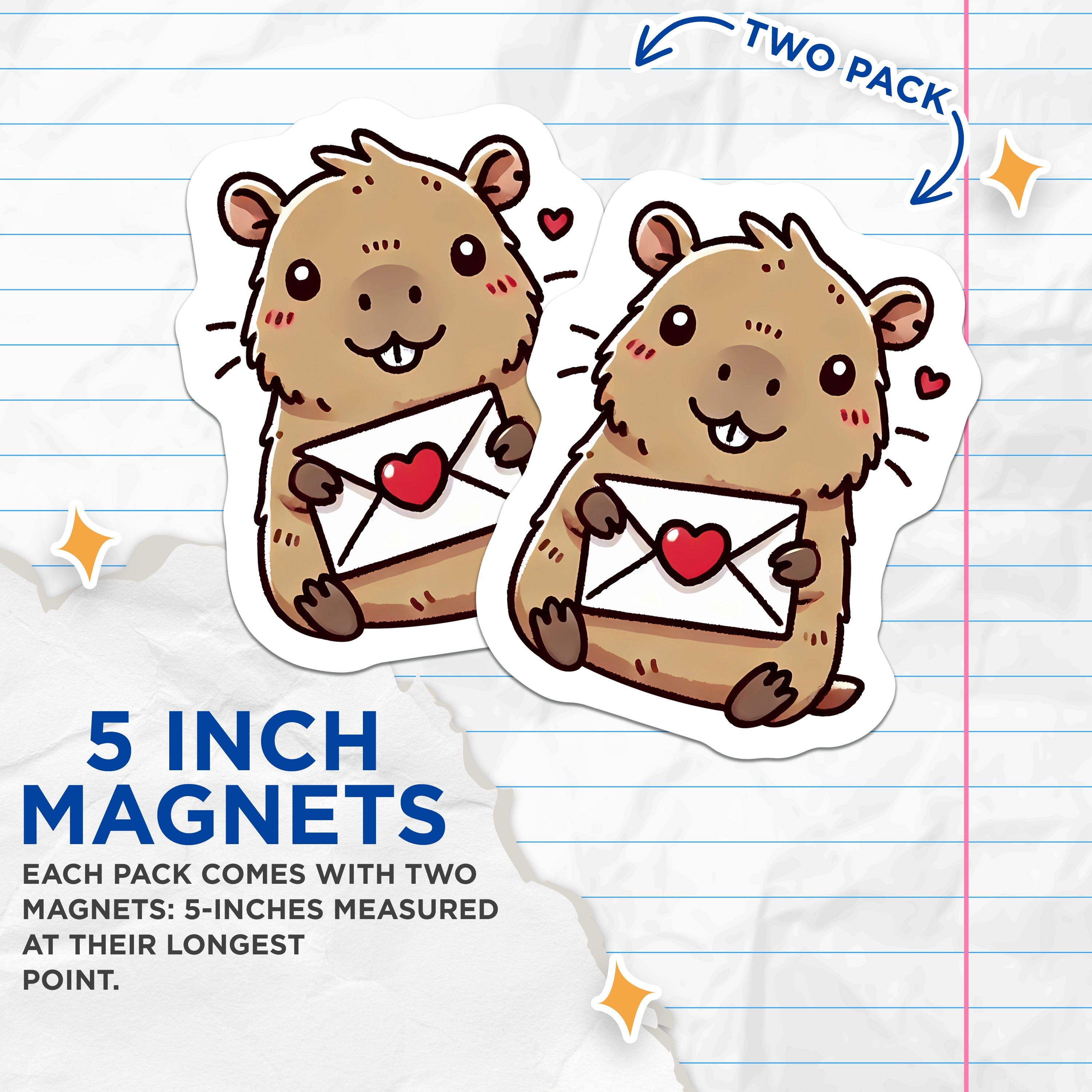 (2 Pack) Cute Capybara Magnets - Kawaii Love Letter Animal Accent - Valentine Fridge Decor - Rodent Lover Sweetheart - 5 Inches On Longest Side - Thick Durable Magnet - Made in USA - MAG38585