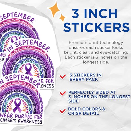 (3 Pack) Alzheimers Awareness Decals - Purple Ribbon - September Decals - 3 Inches On Longest Side - Easy Peel & Apply - Made in USA - 3MCS8555
