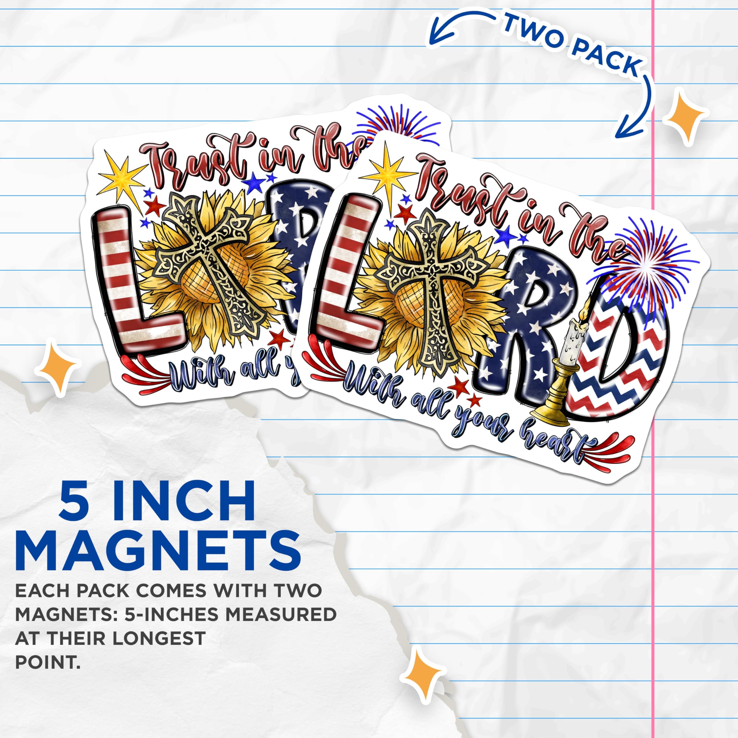 (2 Pack) Trust in the Lord Magnets - Patriotic Sunflower Cross - Americana Christian Fridge Decor - 5 Inches On Longest Side - Thick Durable Magnet - Made in USA - MAG27966