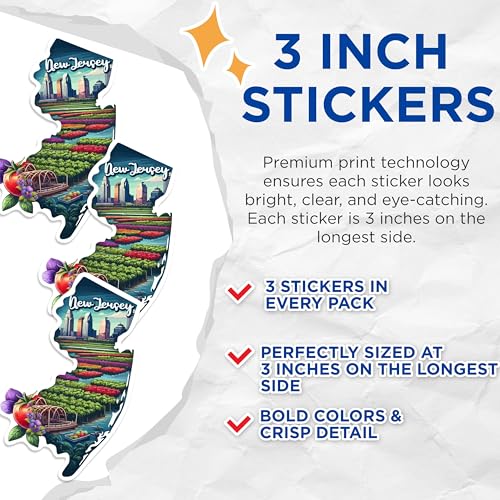 (3 Pack) New Jersey Decals - State Pride - Laptop Decals - 3 Inches On Longest Side - Easy Peel & Apply - Made in USA - 3MCS0151
