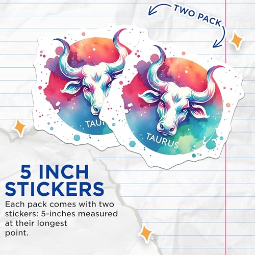 (2 Pack) Zodiac Taurus Stickers - Colorful Bull Design - Horoscope Vinyl Decal - 5" On Longest Side - Sticks to Smooth Flat Surfaces - Made in USA - BMCS6555