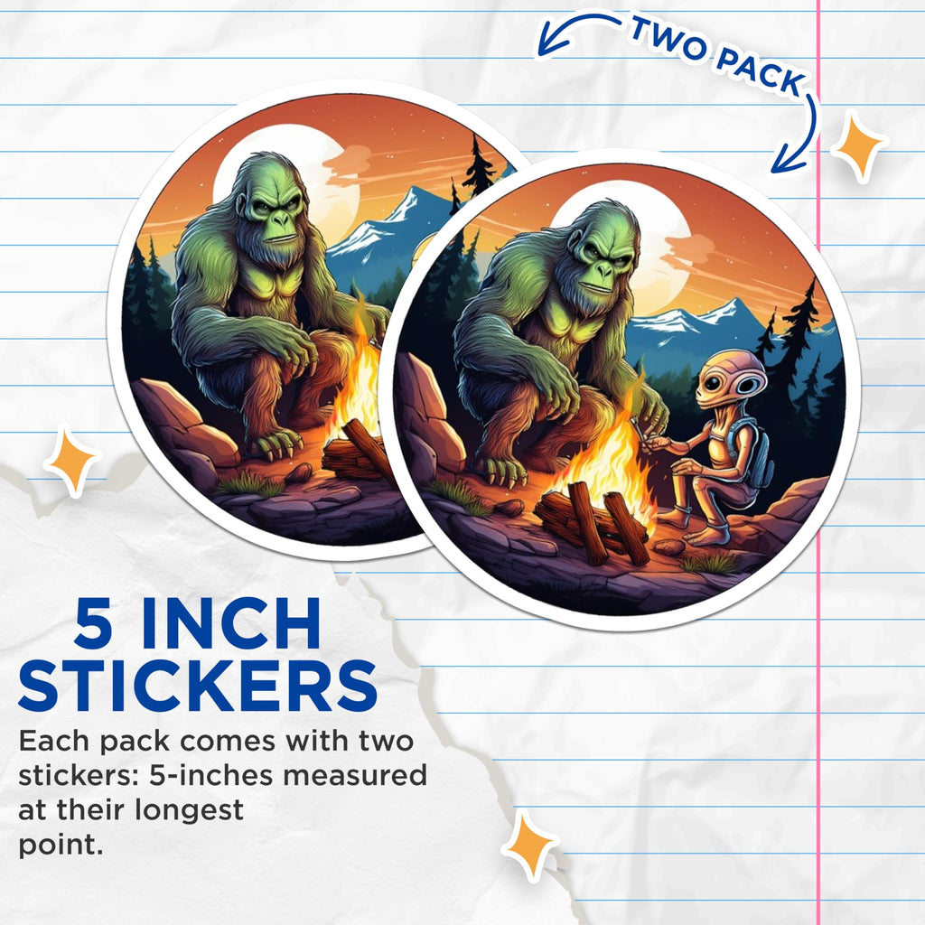 (2 Pack) Bigfoot Alien Campfire Stickers - Sasquatch Extraterrestrial Adventure - Quirky Cryptid Forest Night Art - 5" On Longest Side - Sticks to Smooth Flat Surfaces - Made in USA - BMCS21284