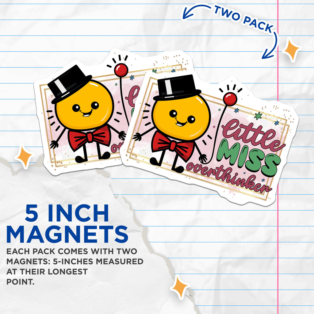 (2 Pack) Little Miss Overthinker Magnets - Funny Thinking Decal - Mental Health Humor Decor - Quirky Fridge Accessory - 5 Inches On Longest Side - Thick Durable Magnet - Made in USA - MAG39177