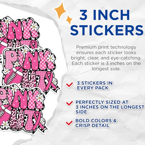 (3 Pack) Pink Out Football Decals - Breast Cancer Awareness - Laptop Decals - 3 Inches On Longest Side - Easy Peel & Apply - Made in USA - 3MCS1039