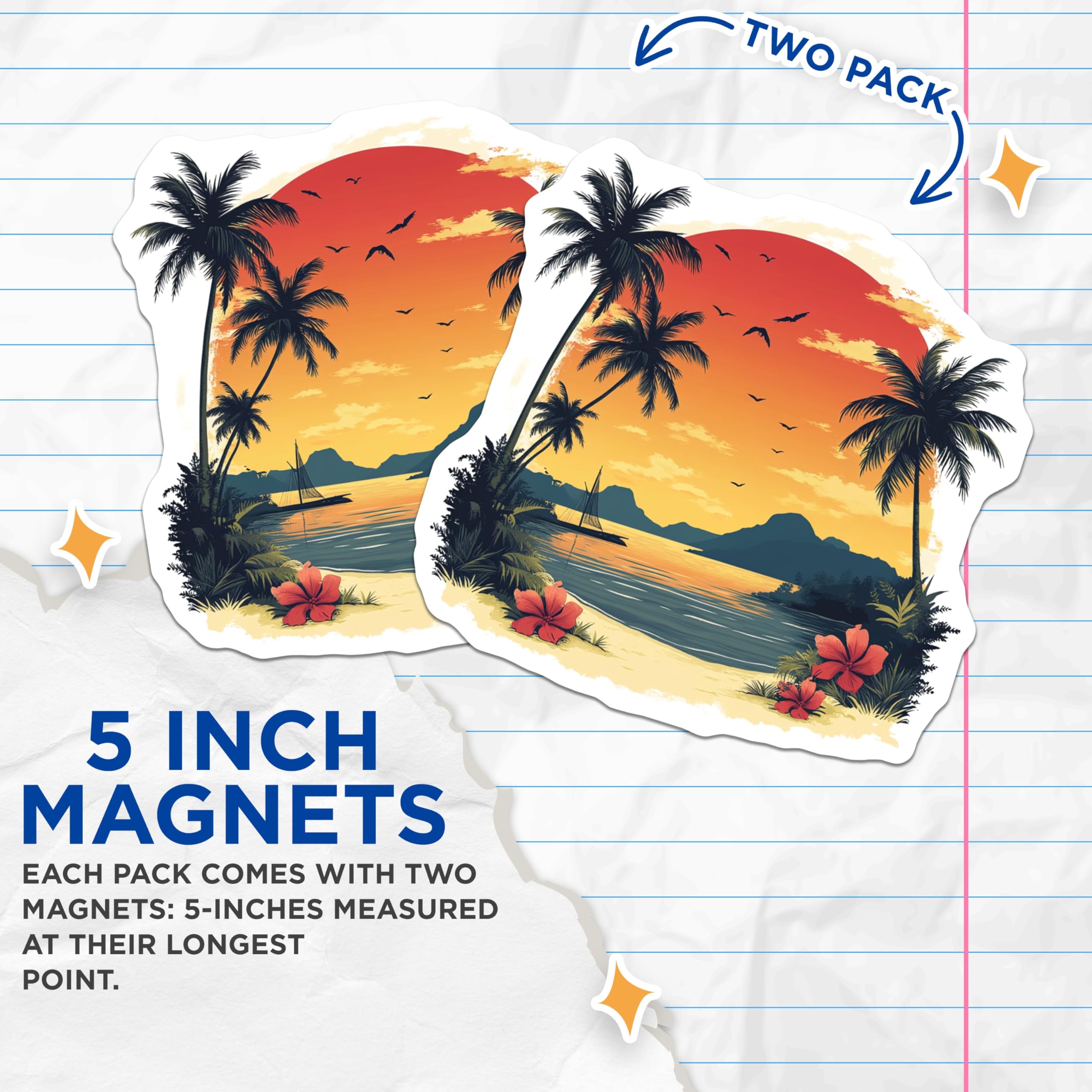 (2 Pack) Tropical Sunset Magnets - Beach Paradise Decor - Palm Tree Island Vibe - 5 Inches On Longest Side - Thick Durable Magnet - Made in USA - MAG28633