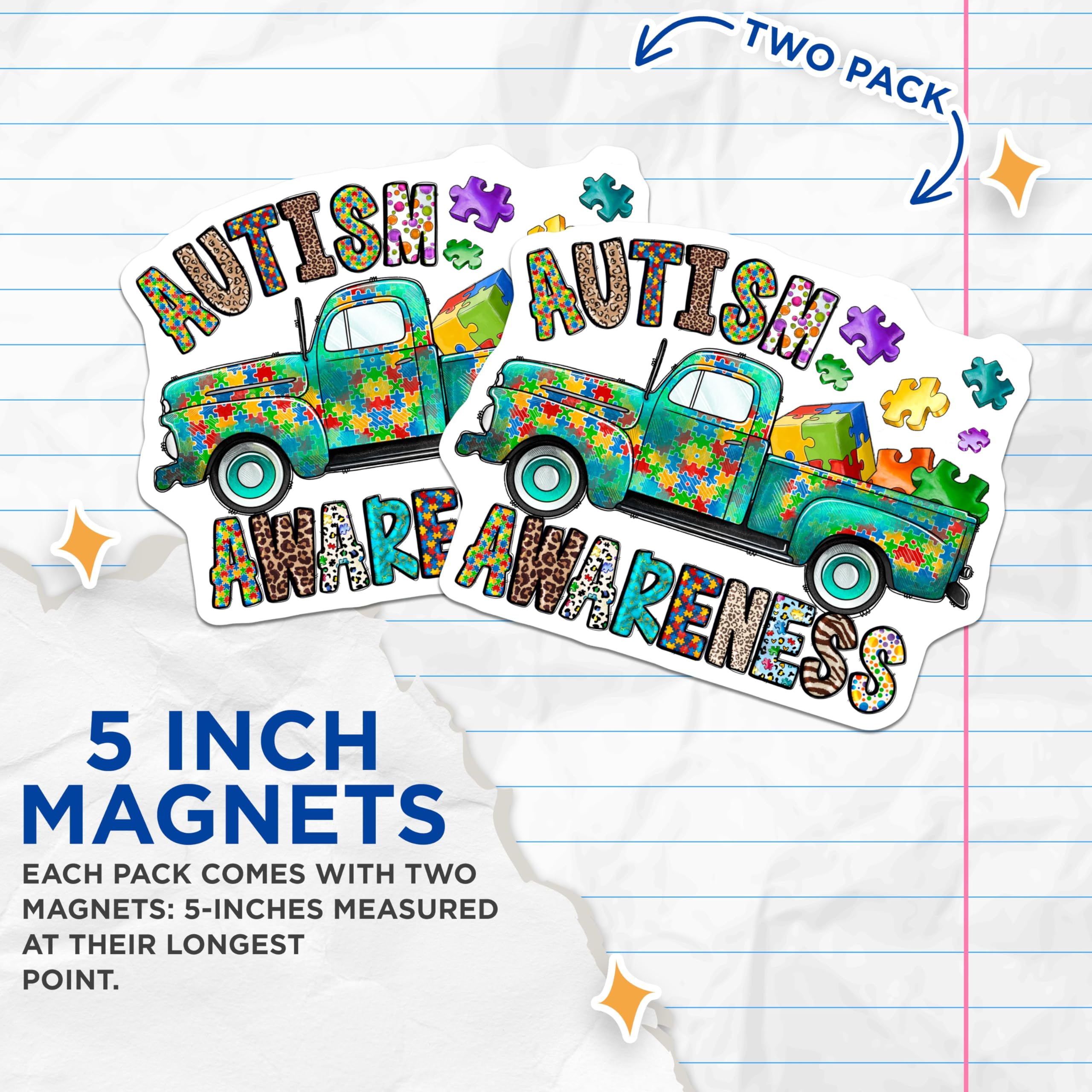 (2 Pack) Autism Awareness Truck Magnets - Neurodiversity Puzzle Piece Design - Vintage Pickup Support Advocacy - 5 Inches On Longest Side - Thick Durable Magnet - Made in USA - MAG28654
