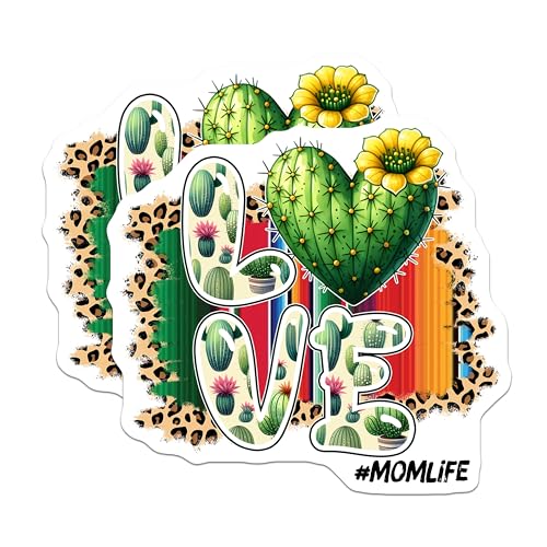 (2 Pack) Love Cactus Stickers - Mom Life - Leopard Print Background - Vibrant Colors - Plant Lover - 5" On Longest Side - Sticks to Smooth Flat Surfaces - Made in USA - BMCS8177