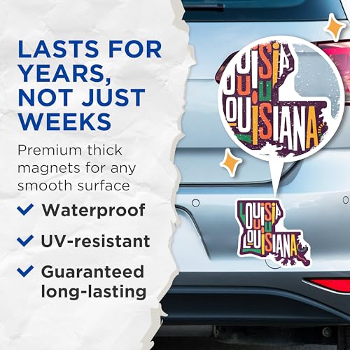 (2 Pack) Louisiana State Magnets - Colorful Louisiana Art - Ative State Magnets for Fridge - 5" On Longest Side - for Cars, Fridges, Toolboxes - Made in USA - MAG3903