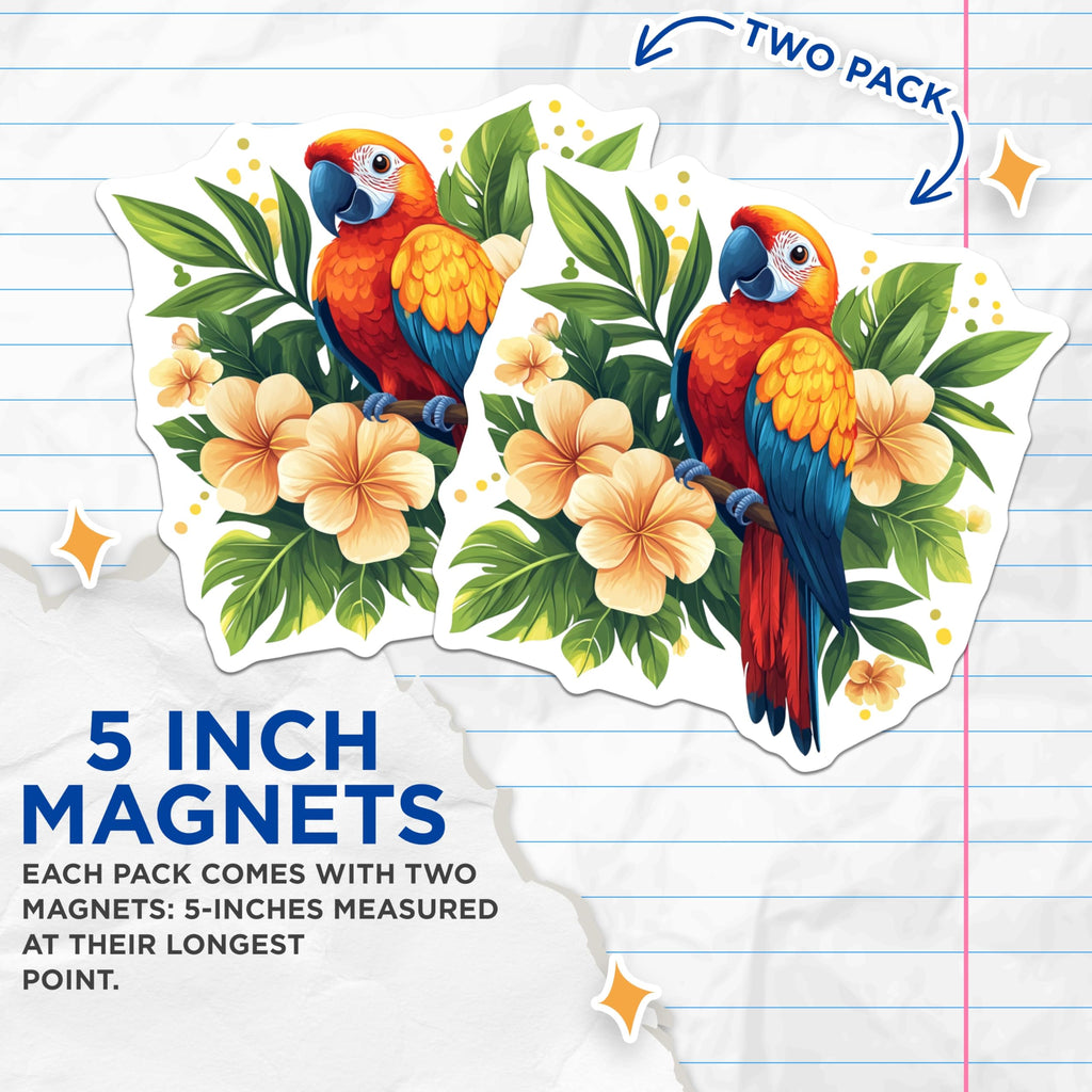 (2 Pack) Macaw Parrot Magnets - Tropical Bird Refrigerator Decor - Exotic Jungle Kitchen Accessory - 5 Inches On Longest Side - Thick Durable Magnet - Made in USA - MAG29903