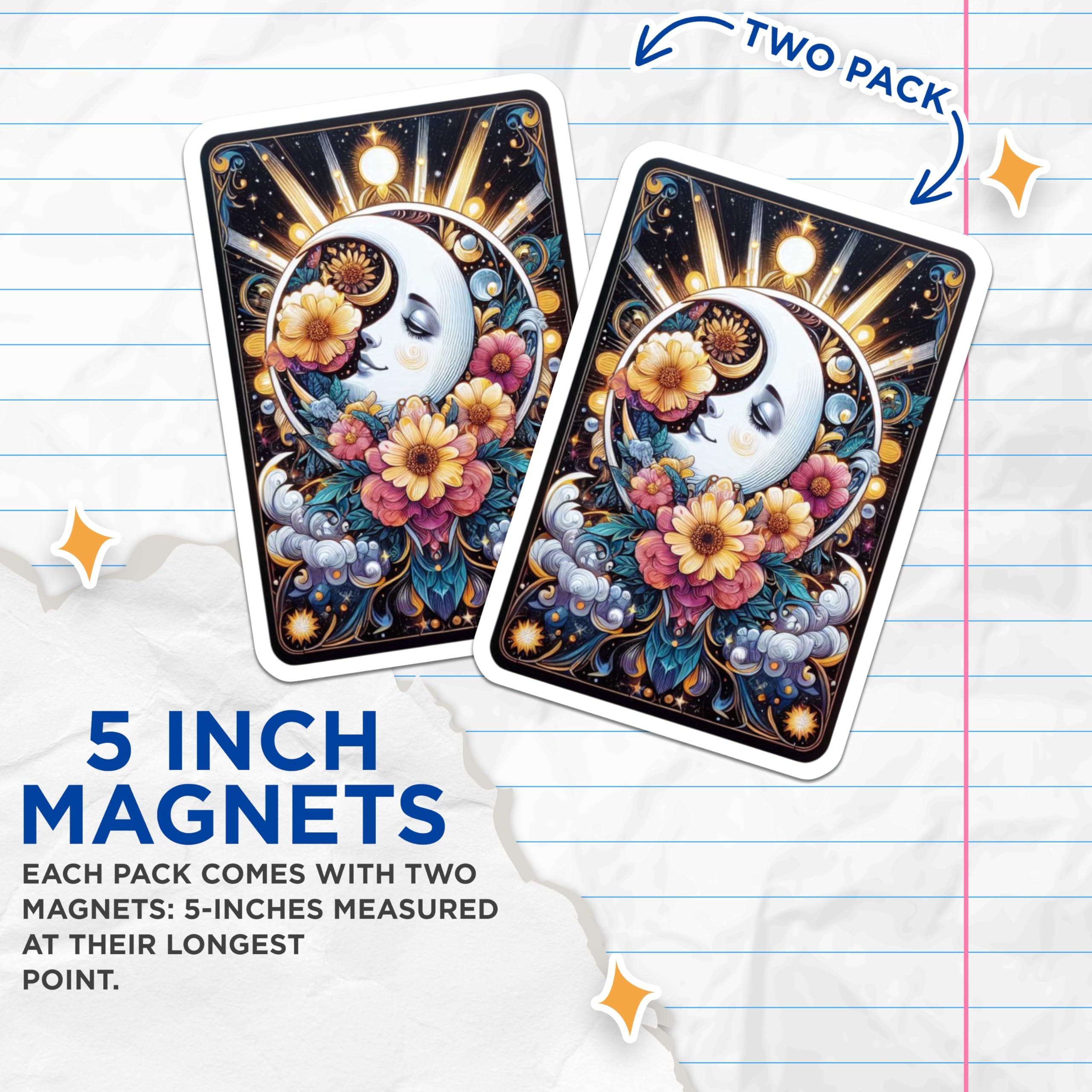 (2 Pack) Celestial Moon Magnets - Whimsical Floral Stars Decor - Mystical Night Sky Art - Dreamy Spiritual Fridge Locker - 5 Inches On Longest Side - Thick Durable Magnet - Made in USA - MAG20192