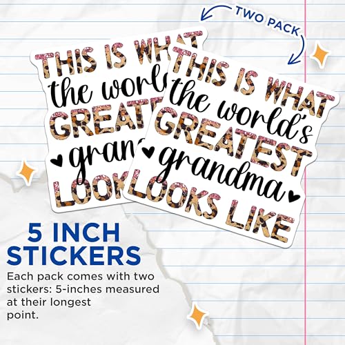 (2 Pack) World's Greatest Grandma Stickers - Leopard Print Grandma - Cute Grandma Quote - 5" On Longest Side - Sticks to Smooth Flat Surfaces - Made in USA - BMCS5743