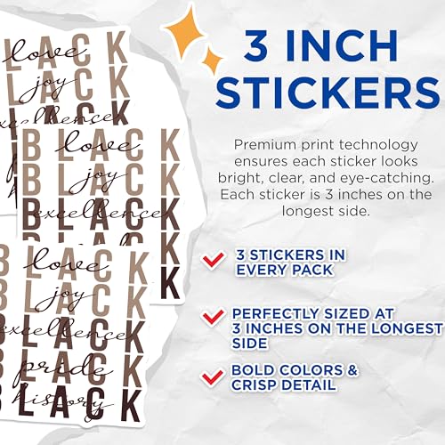 (3 Pack) Black History Decals - Pride Joy Love Excellence - Laptop Car Bumper Decal - 3 Inches On Longest Side - Easy Peel & Apply - Made in USA - 3MCS2655