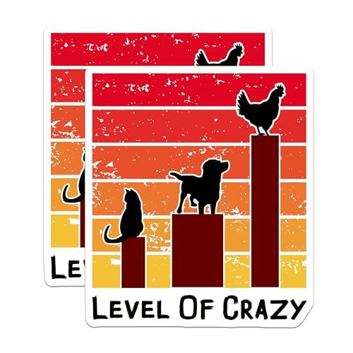 (2 Pack) Funny Animal Stickers - Level of Crazy - Cat Dog Chicken Sticker for Laptops Water Bottles - 5" On Longest Side - Sticks to Smooth Flat Surfaces - Made in USA - BMCS5772