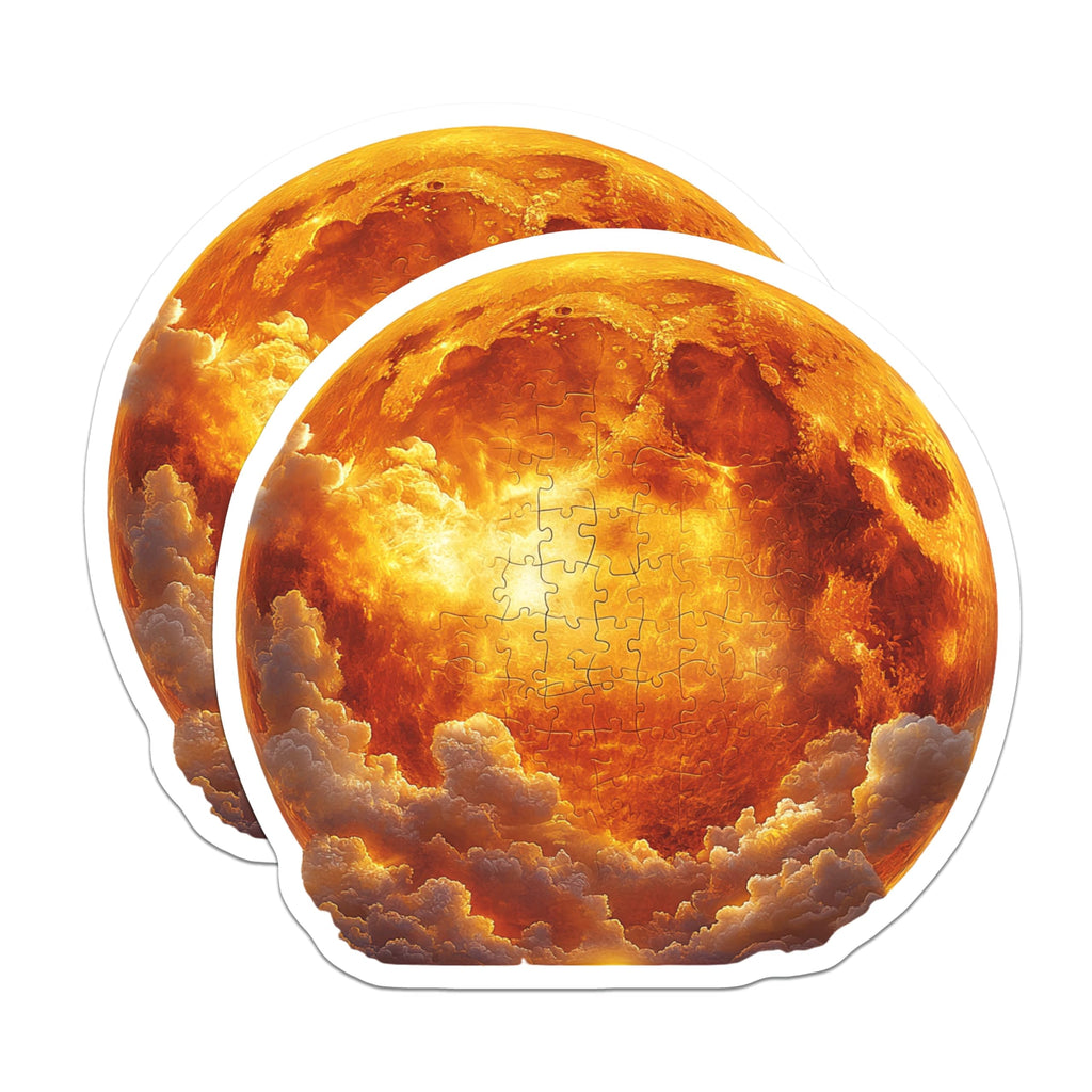 (2 Pack) Fiery Moon Puzzle Magnets - Celestial Volcanic Cloud Art - Vibrant Space Decor for Refrigerator - 5 Inches On Longest Side - Thick Durable Magnet - Made in USA - MAG24738