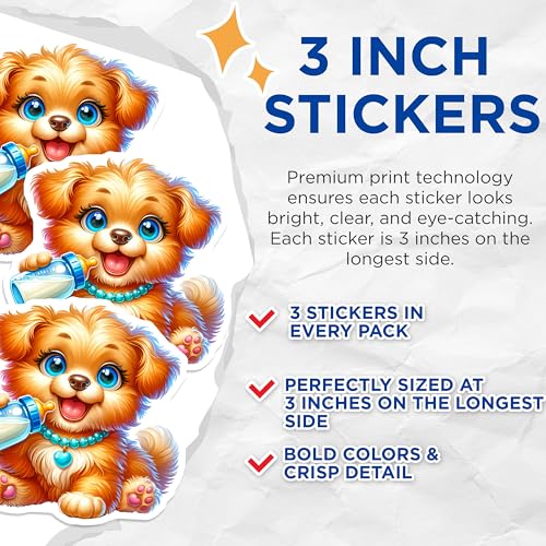 (3 Pack) Puppy with Milk Bottle Decals - Cute Dog Sticker - Laptop Decal - 3 Inches On Longest Side - Easy Peel & Apply - Made in USA - 3MCS8356