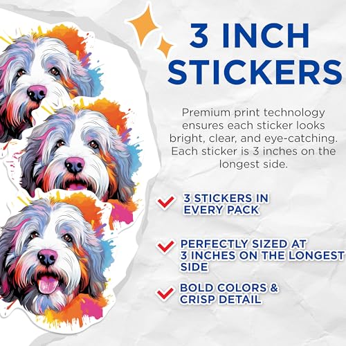 (3 Pack) Old English Sheepdog Decals - Colorful Dog Decal - Laptop Decals - 3 Inches On Longest Side - Easy Peel & Apply - Made in USA - 3MCS0784