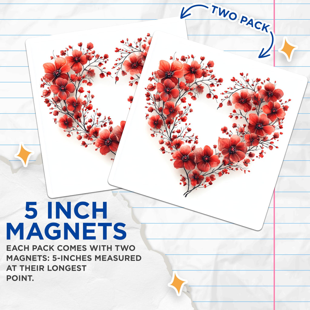 (2 Pack) Red Flower Heart Magnets - Valentines Day Decor - Romantic Fridge Art - 5 Inches On Longest Side - Thick Durable Magnet - Made in USA - MAG24161