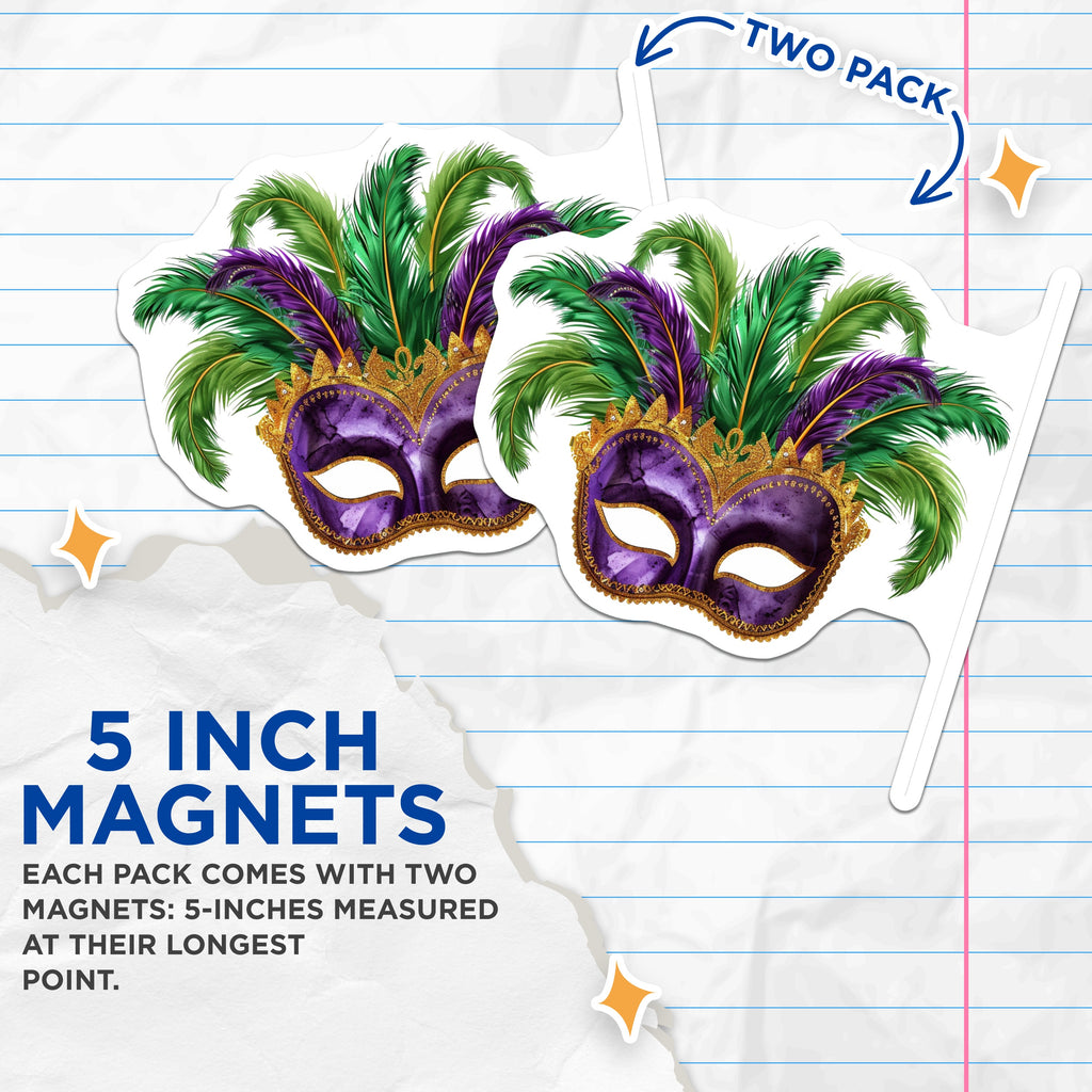 (2 Pack) Mardi Gras Mask Magnets - Festive Carnival Decoration - New Orleans Celebration Souvenir - Purple Gold Green Decor - 5 Inches On Longest Side - Thick Durable Magnet - Made in USA - MAG36601