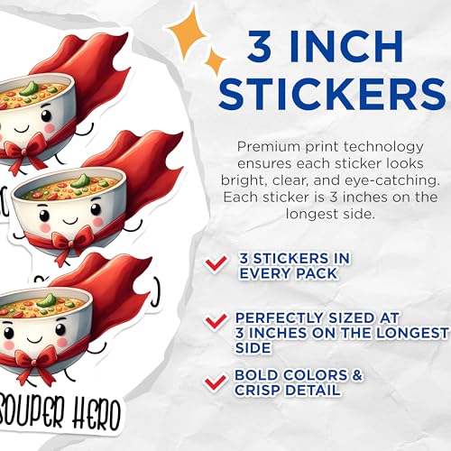 (3 Pack) Souper Hero Decals - Funny Food Decal - Soup Lover Decals - 3 Inches On Longest Side - Easy Peel & Apply - Made in USA - 3MCS6363