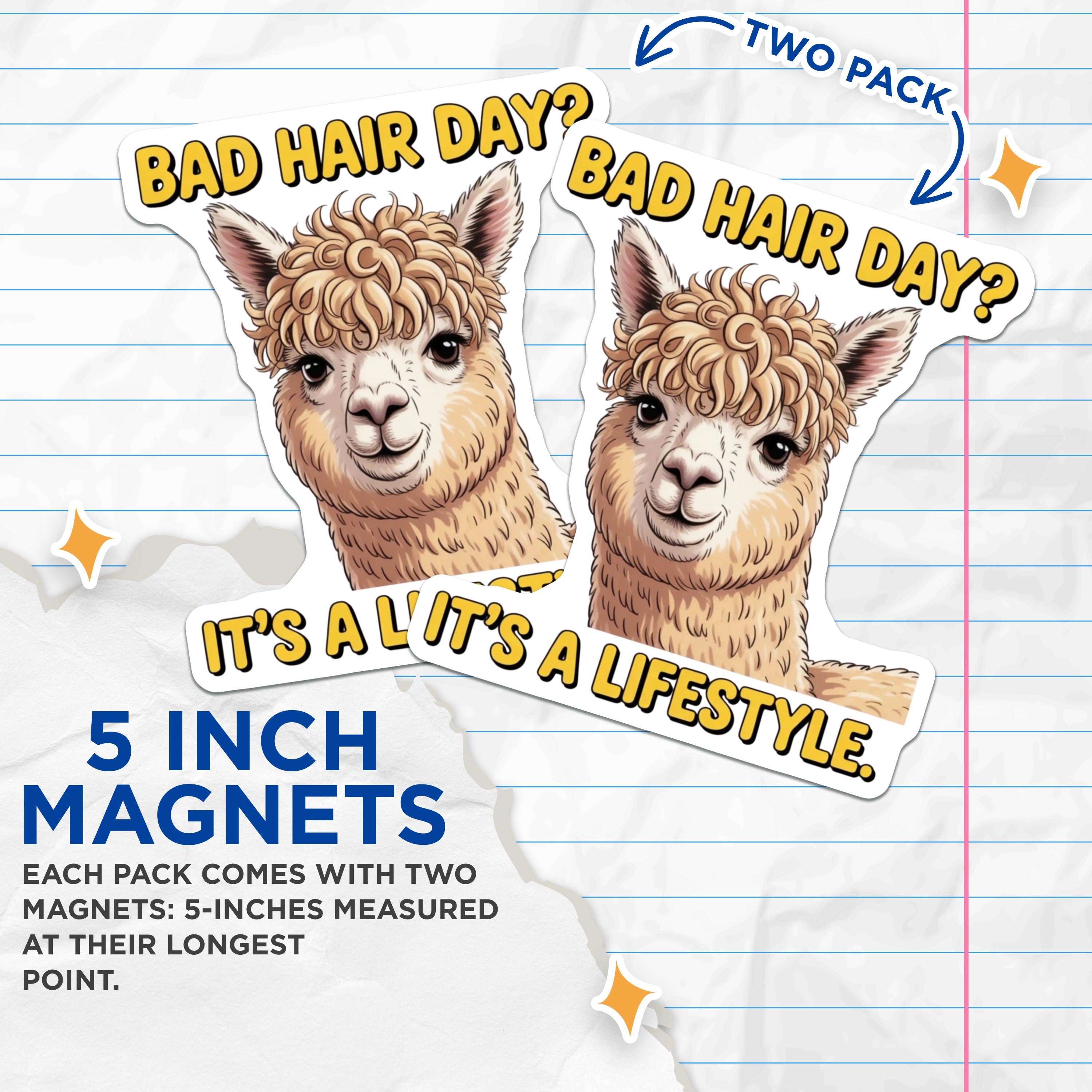 (2 Pack) Bad Hair Day Alpaca Magnets - Funny Llama Refrigerator Magnet - Curly Hair Meme Humor Locker Decor - Quirky Animal Office Display - 5" - Durable Magnet - Made in USA - MAG37622
