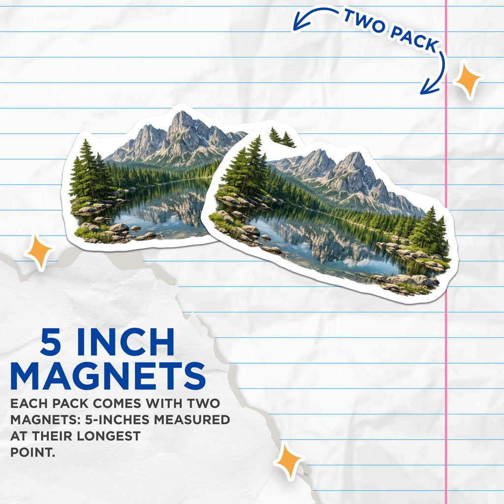 (2 Pack) Mountain Lake Pine Forest Magnets - Serene Landscape Scene - Outdoor Adventure Decor - 5 Inches On Longest Side - Thick Durable Magnet - Made in USA - MAG37898