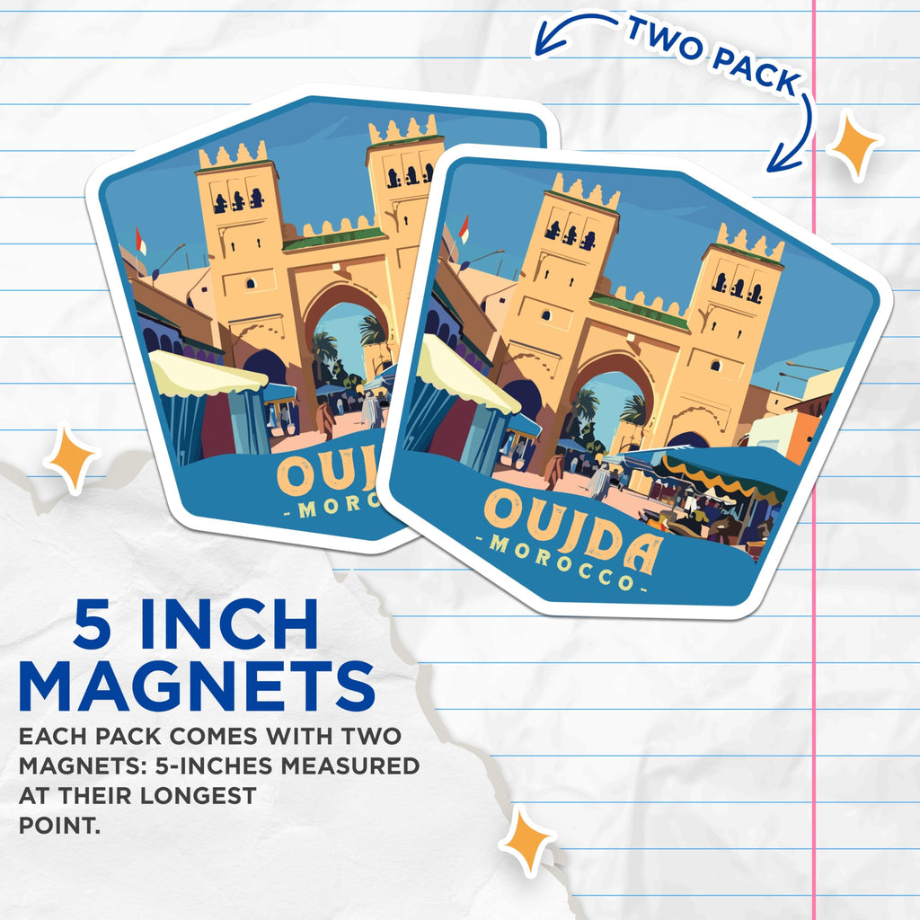 (2 Pack) Oujda Morocco Travel Magnets - Moroccan City Gate Historic Archway Scene - North Africa Souvenir Refrigerator Decor - 5 Inches On Longest Side - Thick Durable Magnet - Made in USA - MAG20096