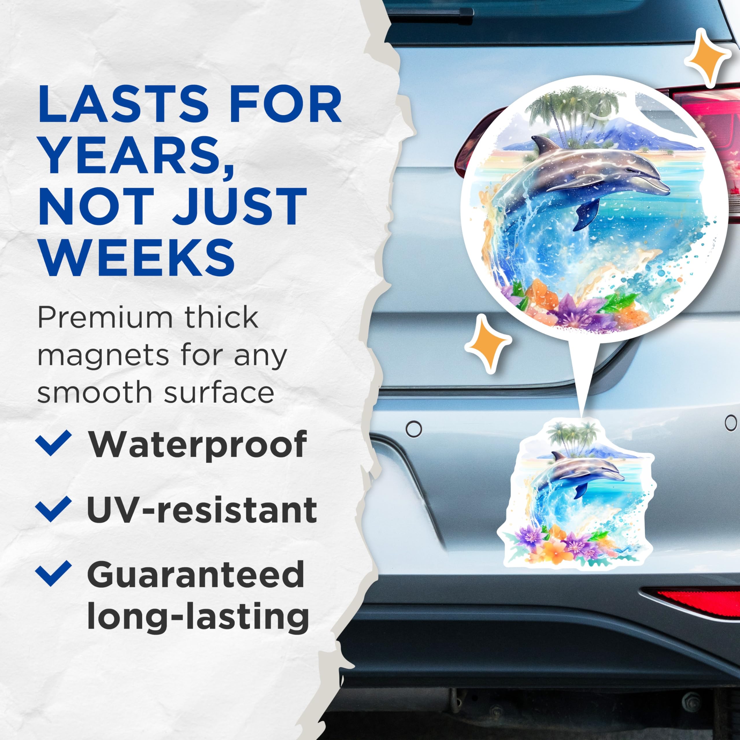 (2 Pack) Splashing Dolphin Magnets - Tropical Beach Island Paradise - Ocean Waves Art - Exotic Floral Scene - 5 Inches On Longest Side - Thick Durable Magnet - Made in USA - MAG23086