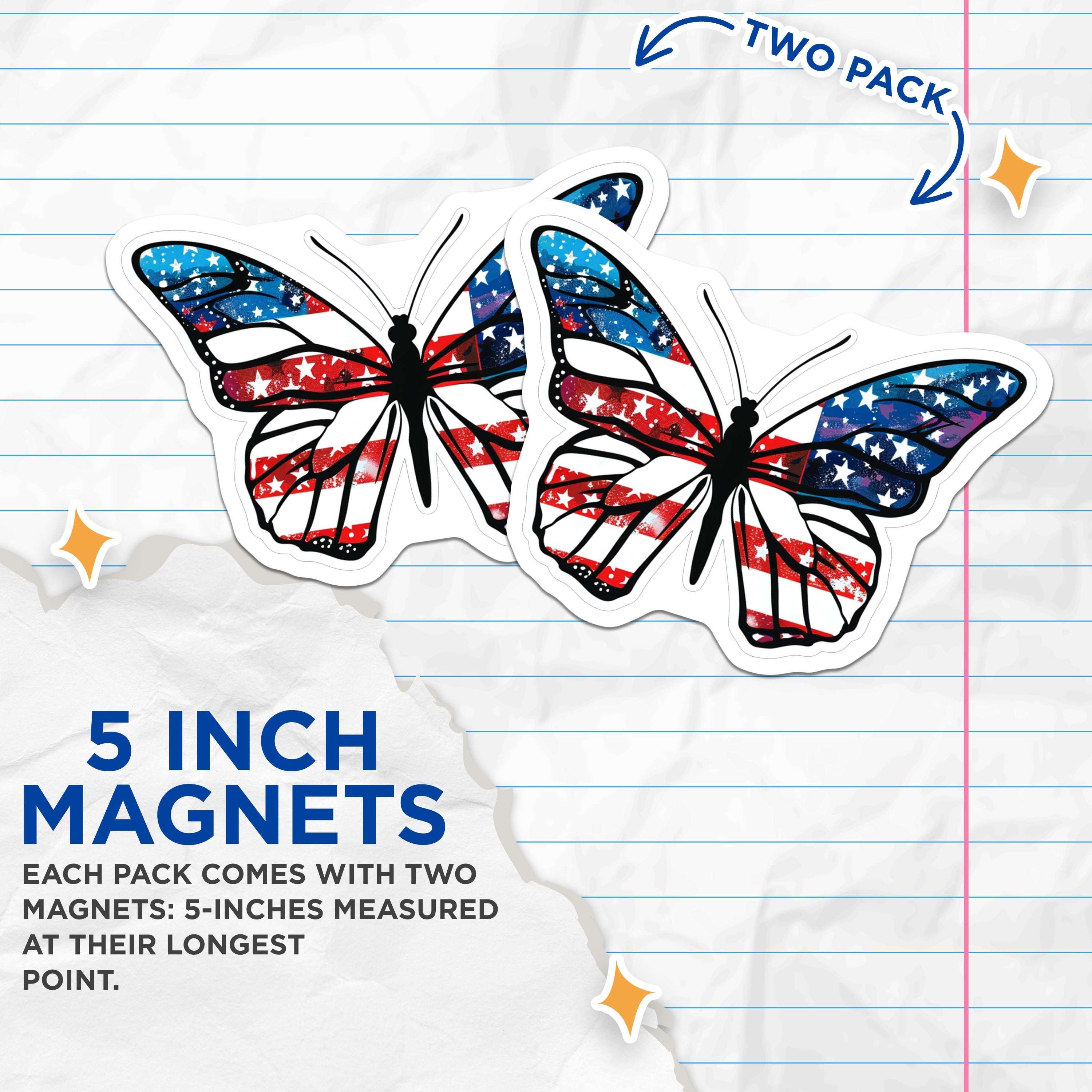 (2 Pack) American Flag Butterfly Magnets - Patriotic Fridge Decor - Americana Style Item - July 4th Display - Memorial Day Accent - 5" - Durable Magnet - Made in USA - MAG38838