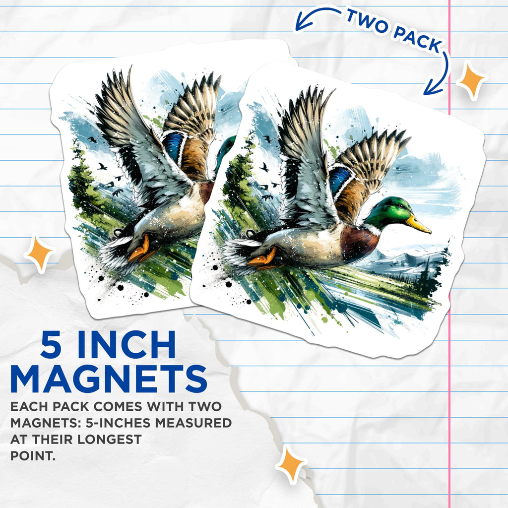 (2 Pack) Flying Mallard Duck Magnets - Watercolor Wildlife Art - Nature Enthusiast Fridge Decor - Rustic Lake Pond Scene - 5 Inches On Longest Side - Thick Durable Magnet - Made in USA - MAG22328