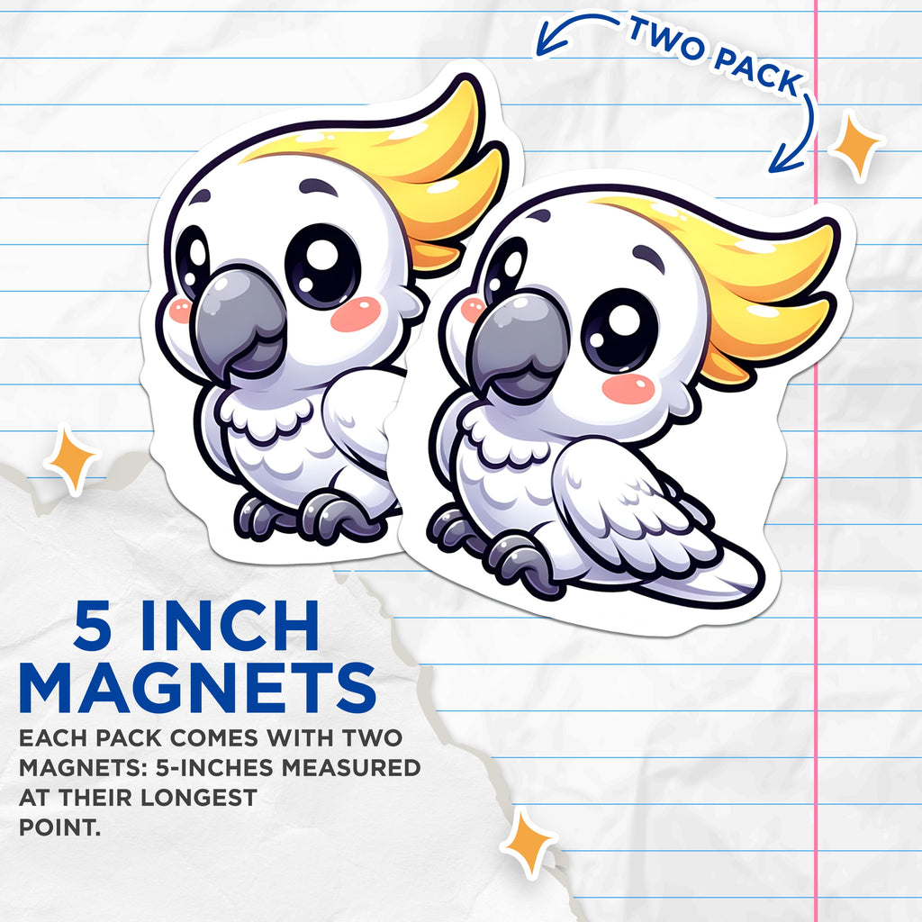 (2 Pack) Cute Cockatoo Magnets - Kawaii Bird Fridge Decor - Chibi Parrot Locker Accent - 5 Inches On Longest Side - Thick Durable Magnet - Made in USA - MAG37986