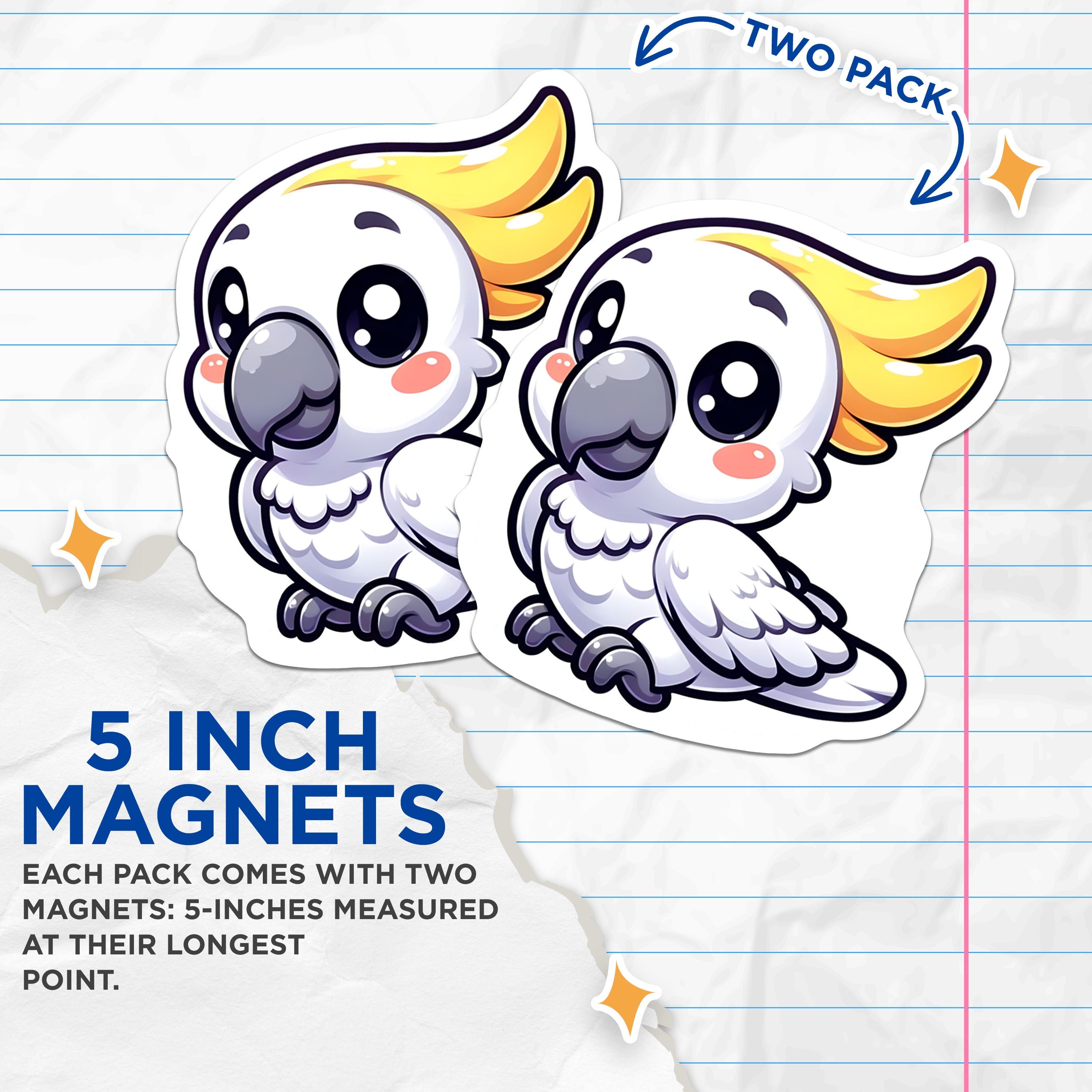 (2 Pack) Cute Cockatoo Magnets - Kawaii Bird Fridge Decor - Chibi Parrot Locker Accent - 5 Inches On Longest Side - Thick Durable Magnet - Made in USA - MAG37986