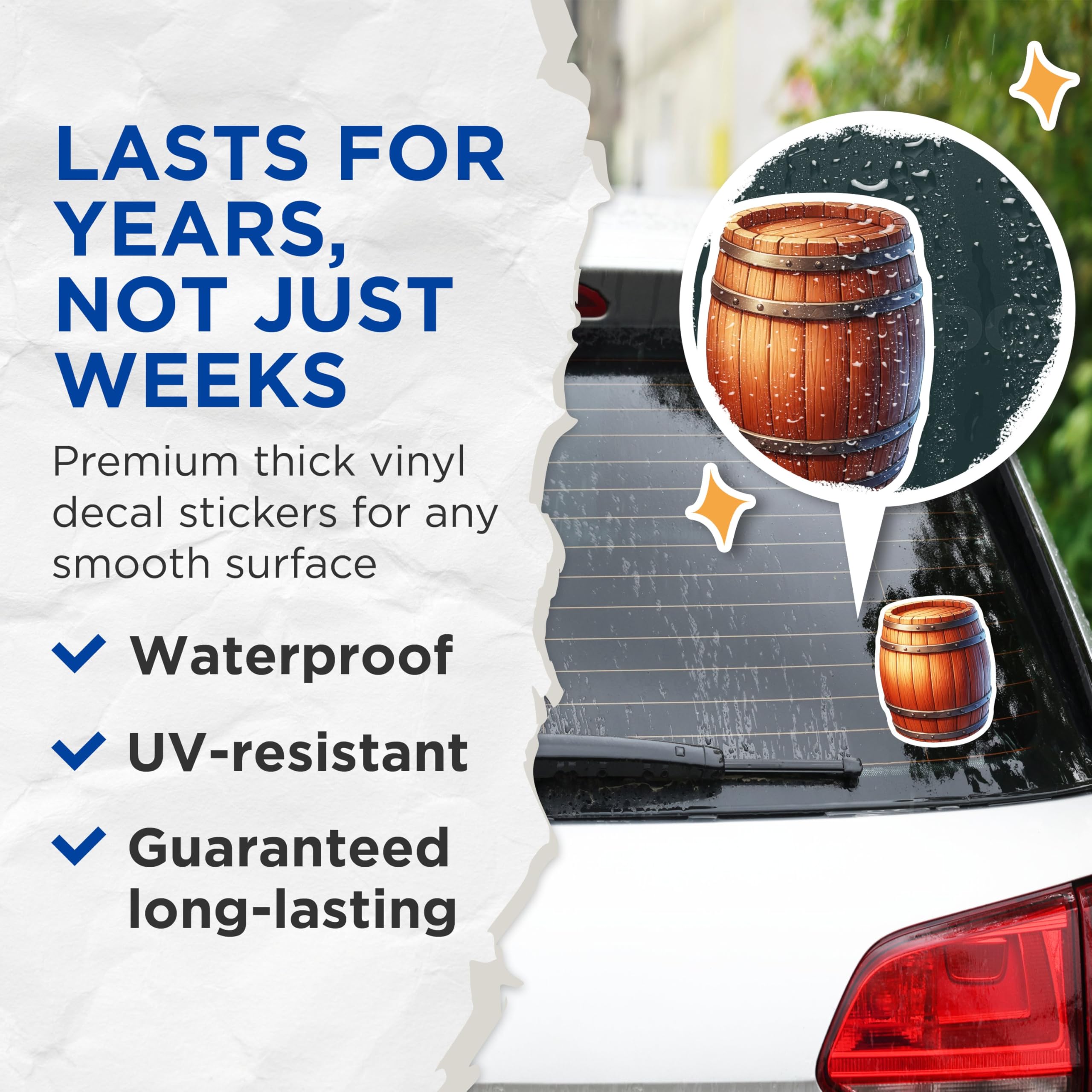 (2 Pack) Barrel Stickers - Wooden Keg - Rustic Vintage Design - 5" On Longest Side - Sticks to Smooth Flat Surfaces - Made in USA - BMCS6656