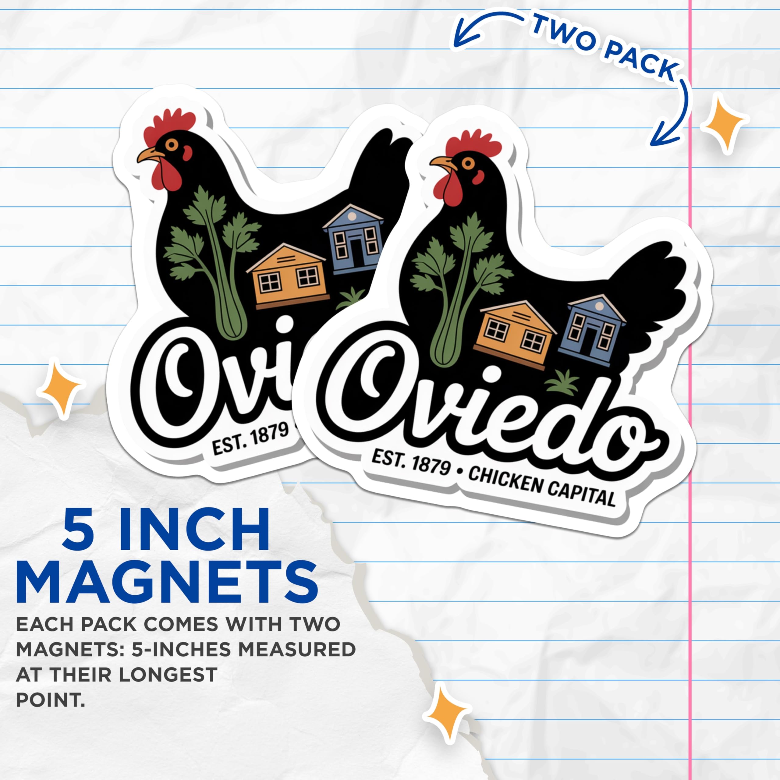 (2 Pack) Oviedo Florida Magnets - Chicken Capital Design - Oviedo Souvenir Fridge Magnets - 5" On Longest Side - Premium Magnet - for Cars, Refrigerators, Toolboxes, Lockers - Made in USA - MAG17750