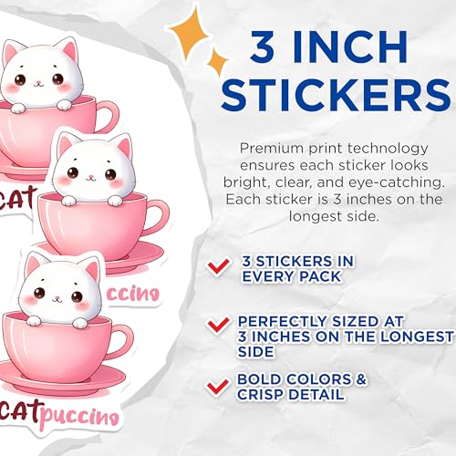 (3 Pack) Cat Decals - Catpuccino Decal - Cute Kitten Laptop Decal - 3 Inches On Longest Side - Easy Peel & Apply - Made in USA - 3MCS2075