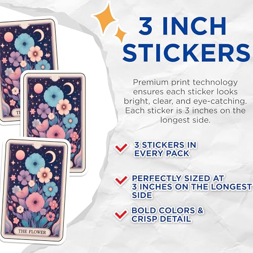 (3 Pack) Floral Tarot Card Decals - Flower Laptop Decals - Mystical Stickers - 3 Inches On Longest Side - Easy Peel & Apply - Made in USA - 3MCS4178