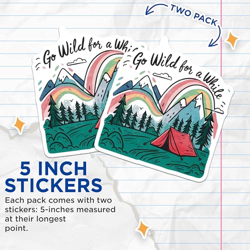 (2 Pack) Go Wild for a While Stickers - Camping Adventure Stickers - Mountain Nature Outdoor Stickers - 5" On Longest Side - Sticks to Smooth Flat Surfaces - Made in USA - BMCS4062
