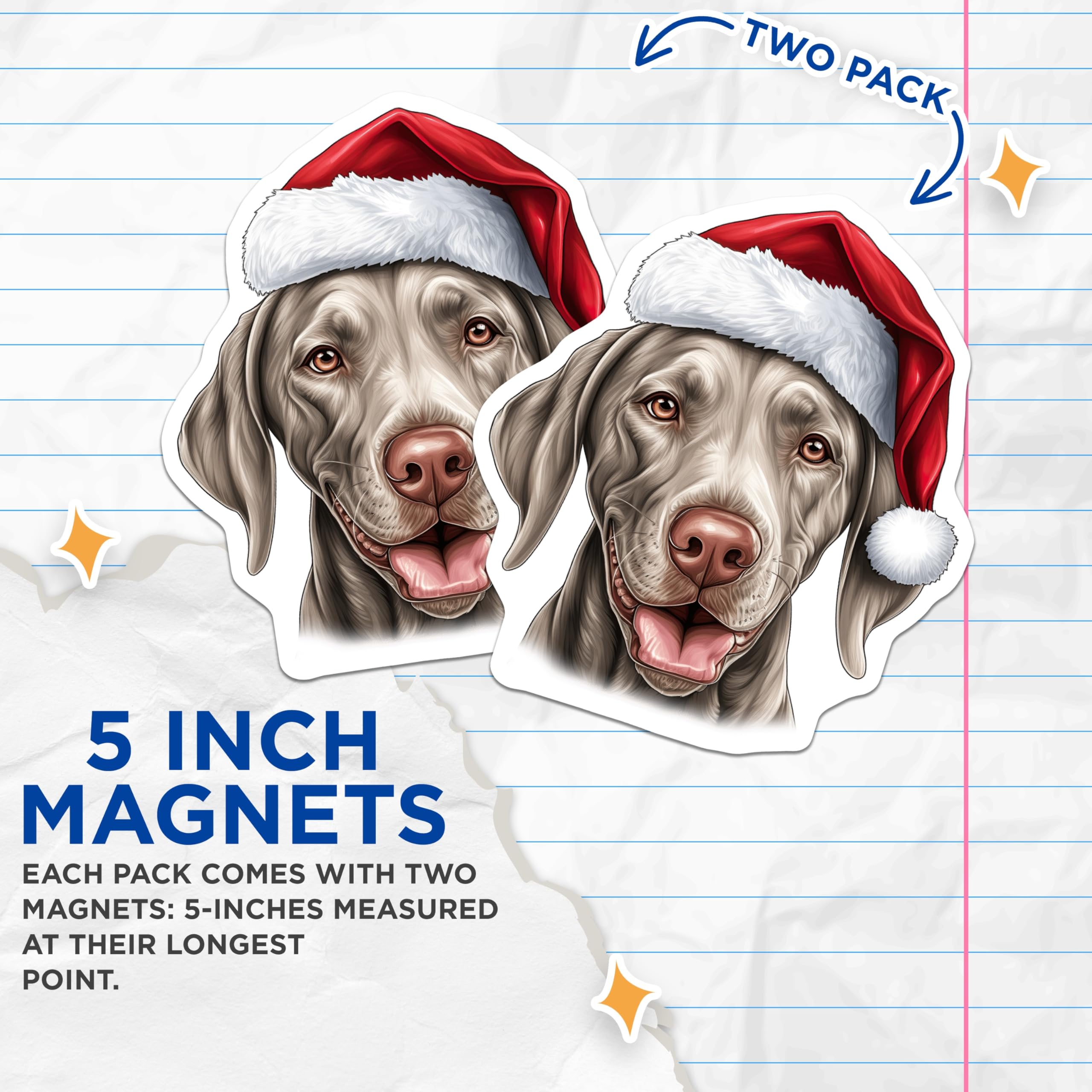 (2 Pack) Weimaraner Dog Magnets - Festive Christmas Weim Decor - Santa Hat Pet Lover Holiday Canine Pair - 5 Inches On Longest Side - Thick Durable Magnet - Made in USA - MAG24664