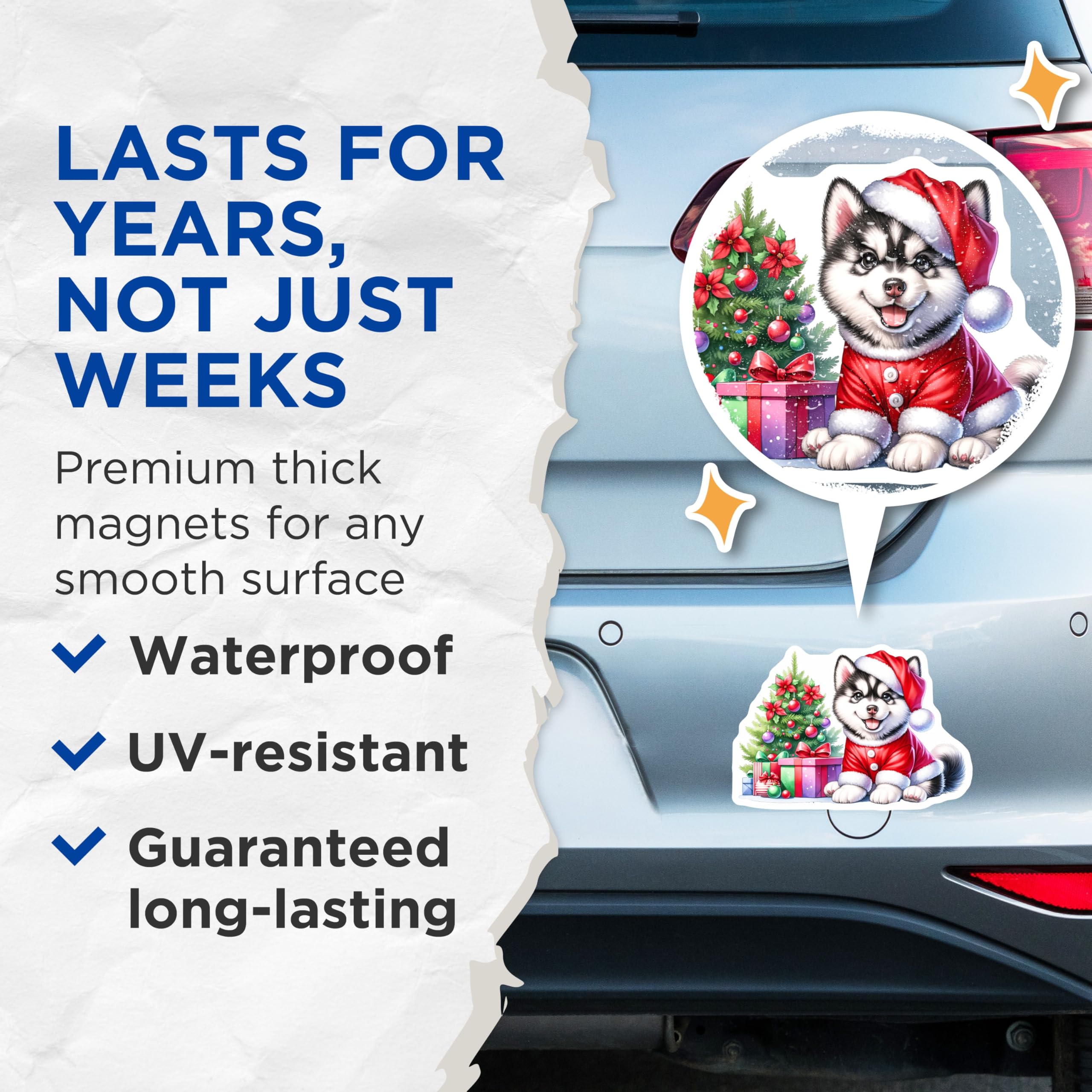 (2 Pack) Christmas Dog Magnets - Santa Puppy Holiday Art - Cute Husky Fridge Accessories - 5 Inches On Longest Side - Thick Durable Magnet - Made in USA - MAG30090