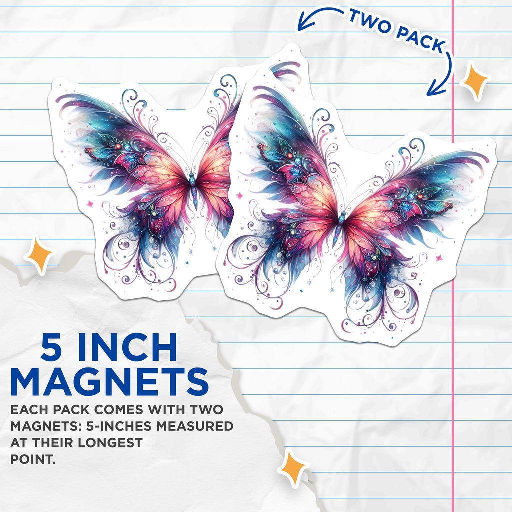(2 Pack) Magical Butterfly Magnets - Celestial Insect Decor - Fairycore Whimsical Art - 5 Inches On Longest Side - Thick Durable Magnet - Made in USA - MAG38036