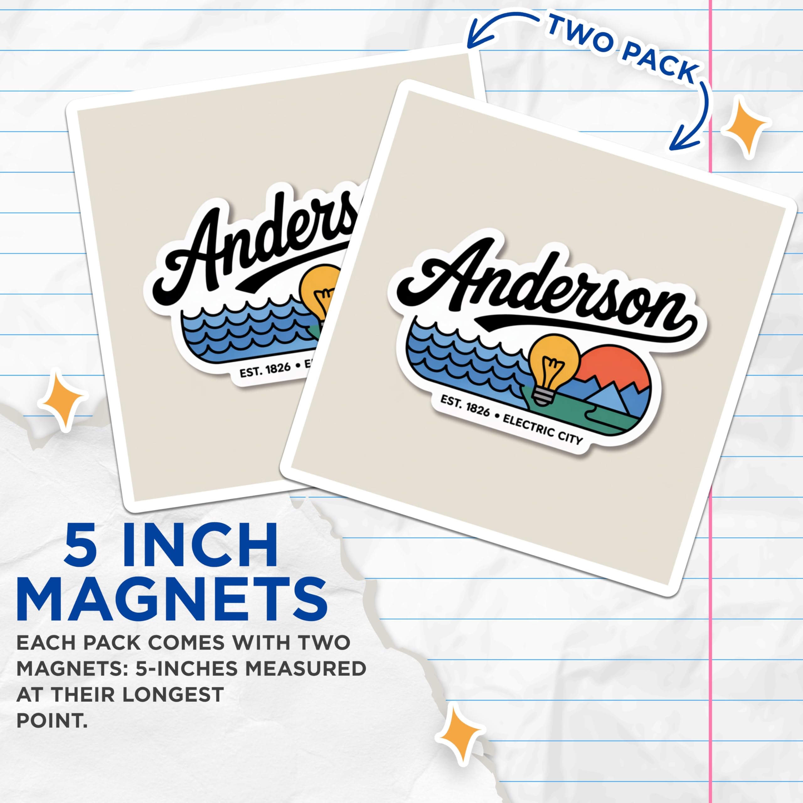 (2 Pack) Anderson Indiana Magnets - Retro Electric City Decor - Hometown Souvenir Magnet - 5" On Longest Side - Premium Magnet - for Cars, Refrigerators, Toolboxes, Lockers - Made in USA - MAG18232