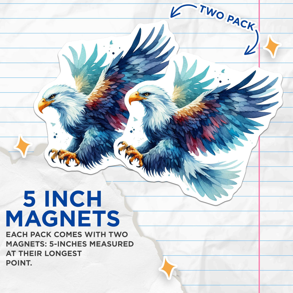 (2 Pack) Watercolor Bald Eagle Magnets - American Wildlife Art - Patriotic Bird Decor - 5 Inches On Longest Side - Thick Durable Magnet - Made in USA - MAG22048