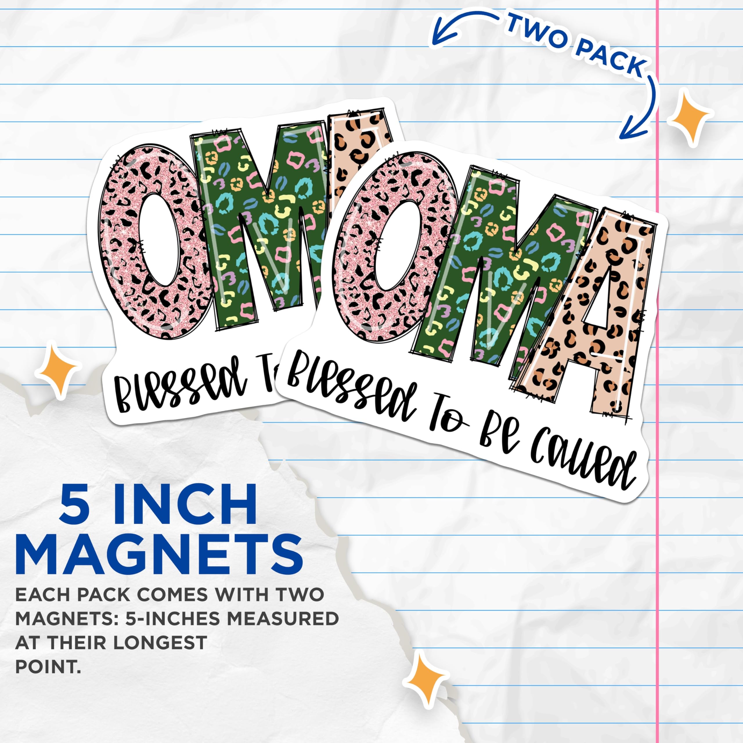 (2 Pack) Oma Magnets - Blessed Oma - Leopard Print Oma - 5" On Longest Side - Premium Magnet - for Cars, Refrigerators, Toolboxes, Lockers - Made in USA - MAG15396