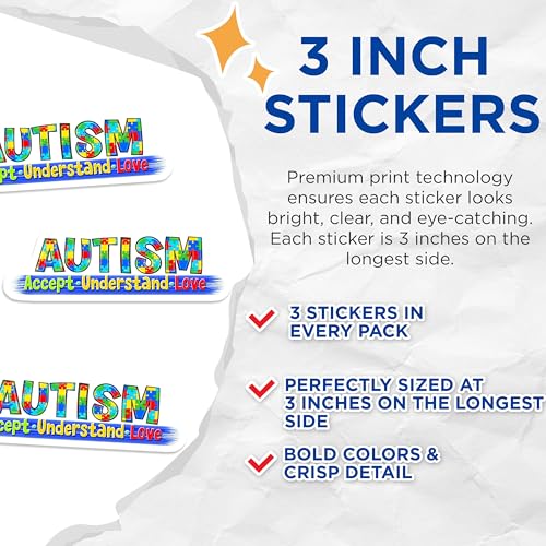 (3 Pack) Autism Awareness Decals - Puzzle Piece - Accept Understand Love Decals- 3 Inches On Longest Side - Easy Peel & Apply - Made in USA - 3MCS5209
