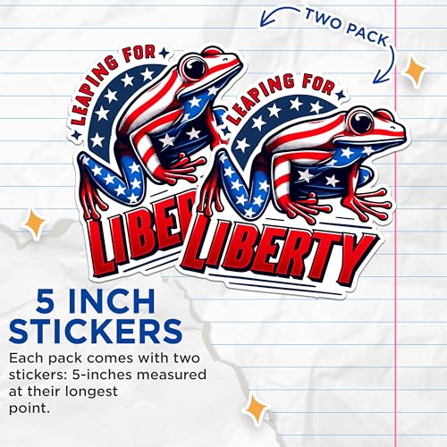 (2 Pack) Patriotic Frog Stickers - Freedom Frog Decals - Leaping for Liberty Stickers - 5" On Longest Side - Sticks to Any Smooth Flat Surface - Made in USA - BMCS2713