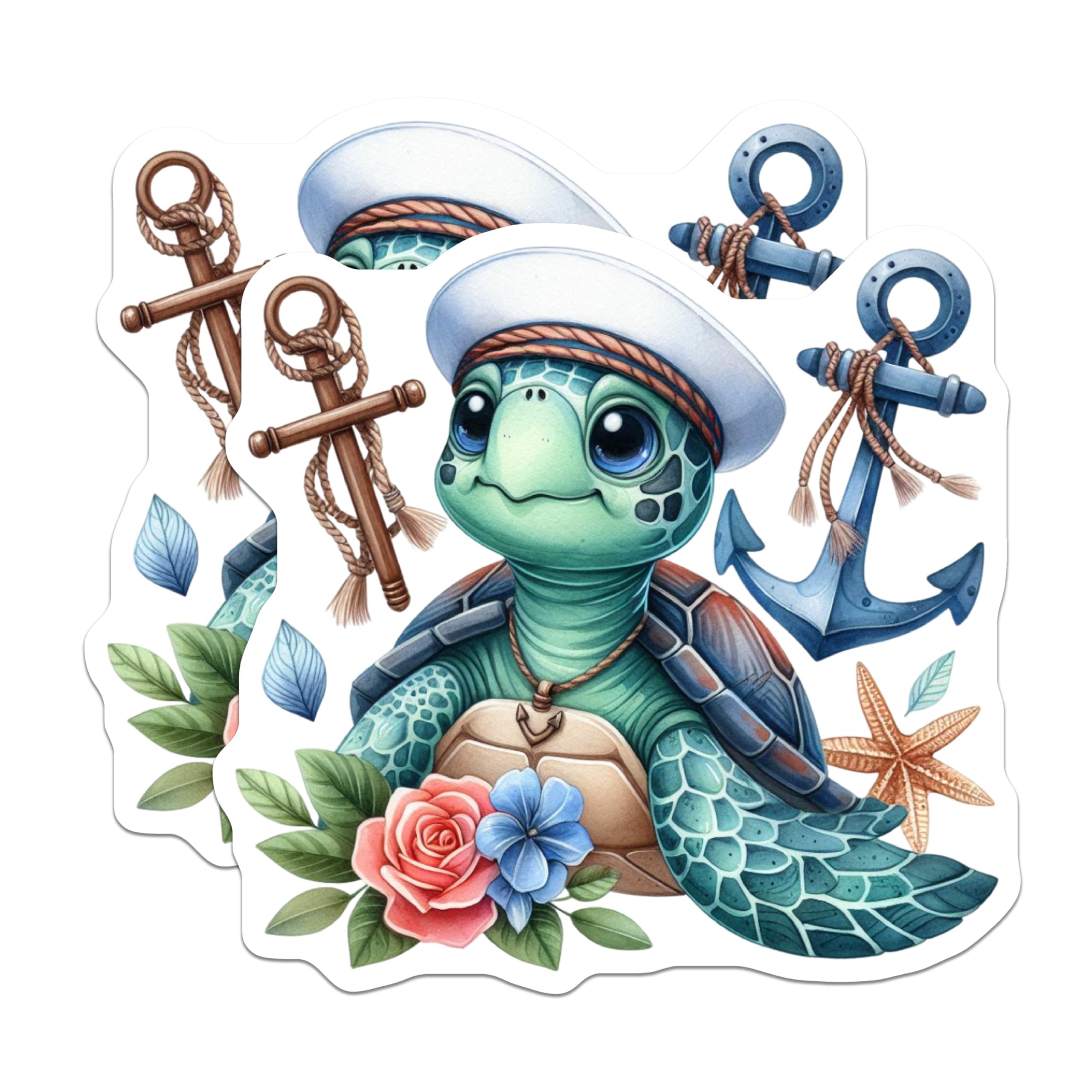 (2 Pack) Cute Sailor Turtle Magnets - Nautical Ocean Art - Sea Life Fridge Decor - 5 Inches On Longest Side - Thick Durable Magnet - Made in USA - MAG20693