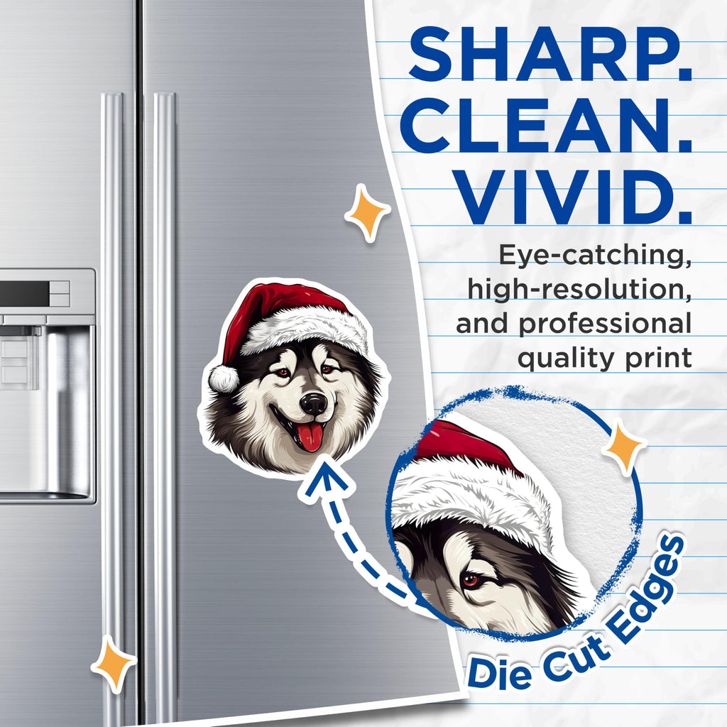 (2 Pack) Alaskan Malamute Santa Hat Magnets - Christmas Dog Refrigerator Decor - Winter Holiday Pet Art - 5 Inches On Longest Side - Thick Durable Magnet - Made in USA - MAG24781
