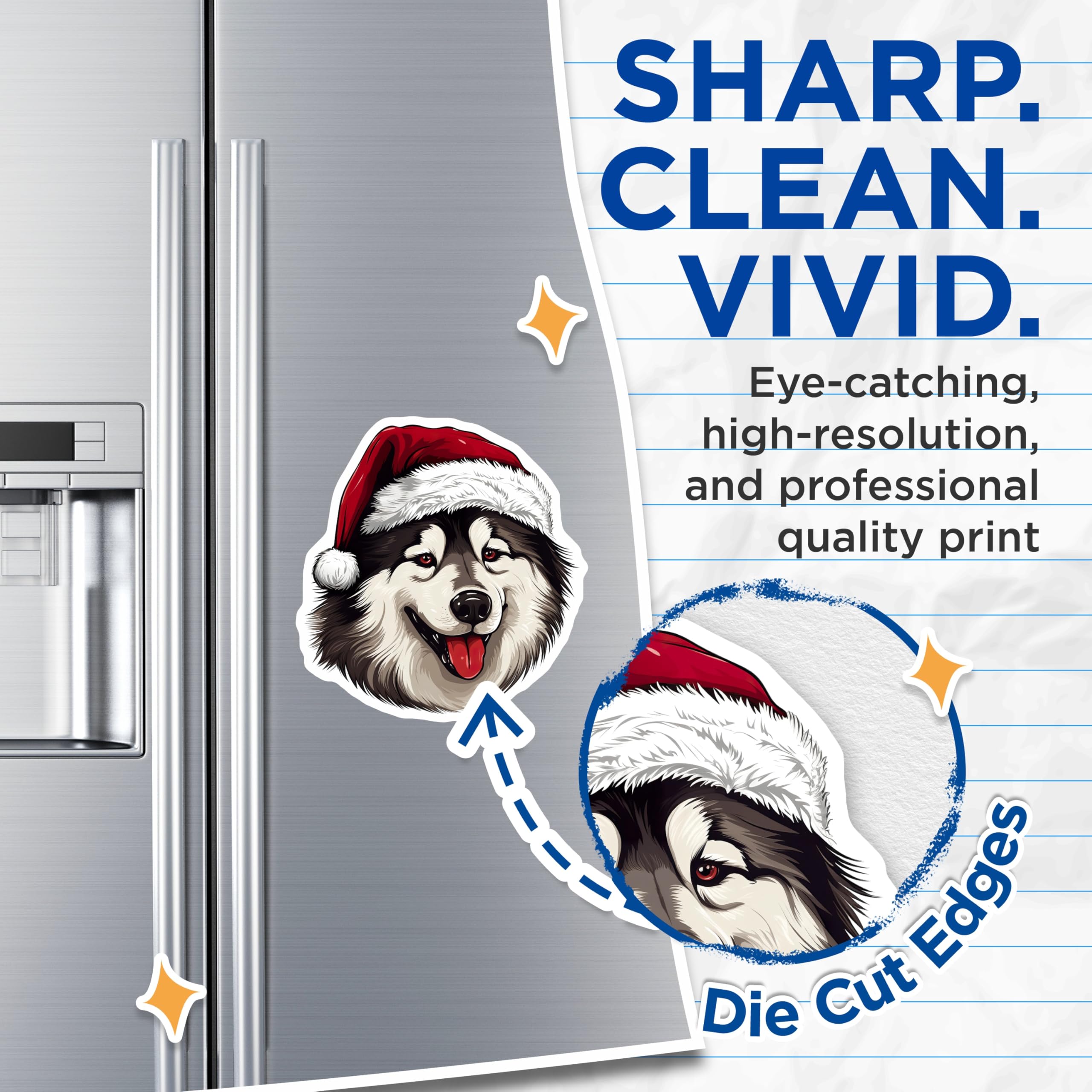 (2 Pack) Alaskan Malamute Santa Hat Magnets - Christmas Dog Refrigerator Decor - Winter Holiday Pet Art - 5 Inches On Longest Side - Thick Durable Magnet - Made in USA - MAG24781